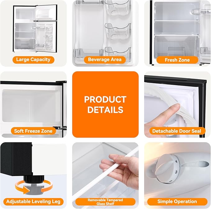 Frestec Mini Fridge with Freezer 3.2 Cu.Ft. 2 Door Refrigerator and Freezer Small Fridge for Bedroom Home Office Dorm, Small Drink Chiller, 37 dB Low Noise, Black