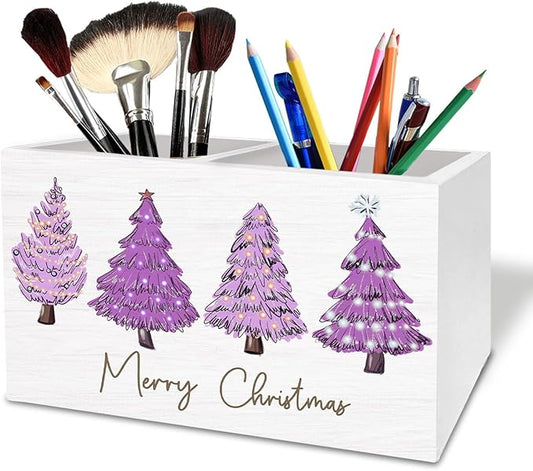Purple Christmas Tree Pen Holder for Desk, Merry Christmas Holiday Winter Wooden Box Sign Desk Decor for Home Office Decoration, Glitter Xmas Tree Pencil Organizer