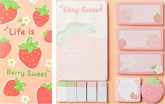 Xqumoi Life is Berry Sweet Sticky Notes Set, 550 Sheets, Strawberry Pattern Self-Stick Notes Pads Summer Fruit Divider Tabs Bundle Writing Memo Pads Back to School Office Supplies Small Gift