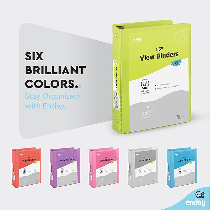 3 Ring Binder 1.5 Inch Green, 1 ½ inch Binder Clear View Cover with 2 Inside Pockets, Colored School Supplies Office and Home – by Enday