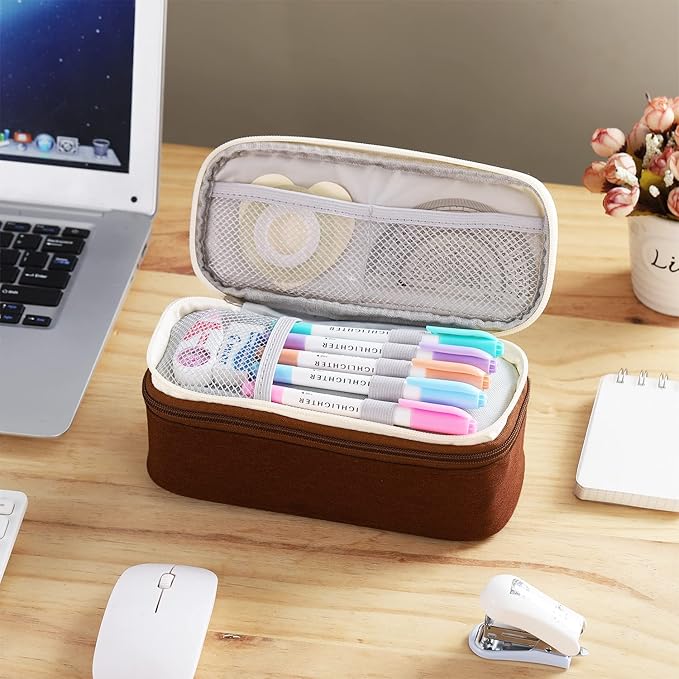 Big Pencil Case Large Capacity Pencil Bag with Zipper Pencil Pouch for Boys Girls Kids Adults Stationery Pencil Pen Case Organizer for School Office Brown1