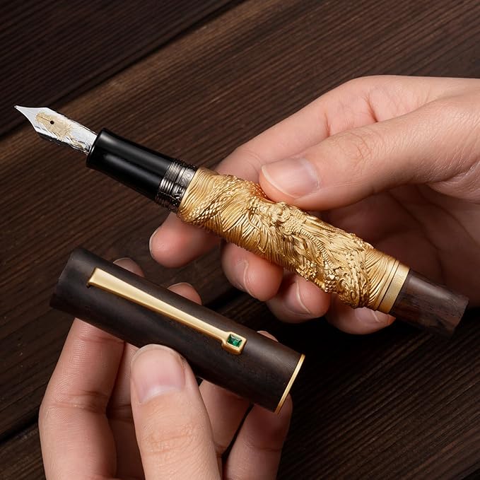 Hongdian N24 Fountain Pen Fine Nib, Golden Dragon Stereoscopic Carving with Red Wood Design