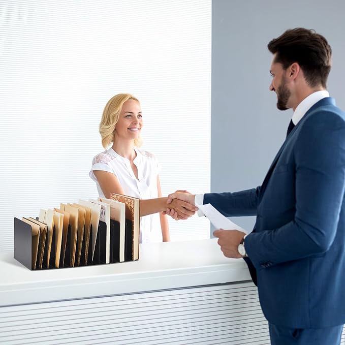 Suzile Metal Desktop File Organizer, 15 Compartments, Vertical File Sorter, Black, 5.79" W x 15.75" L x 5.41" H, Office, Reception Areas, Workspace