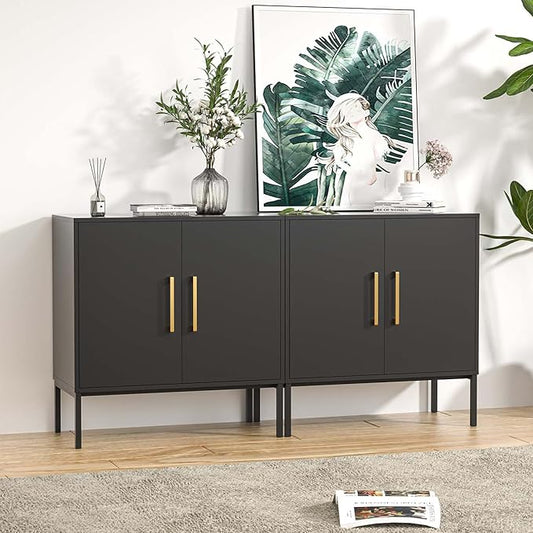LYNSOM Storage Cabinet with Doors, Set of 2, Modern Buffet Cabinet with Storage, Kitchen Sideboard Buffet, Black Wood Accent Cabinet for Living Room, Bedroom, Hallway, Entryway, Office, Black