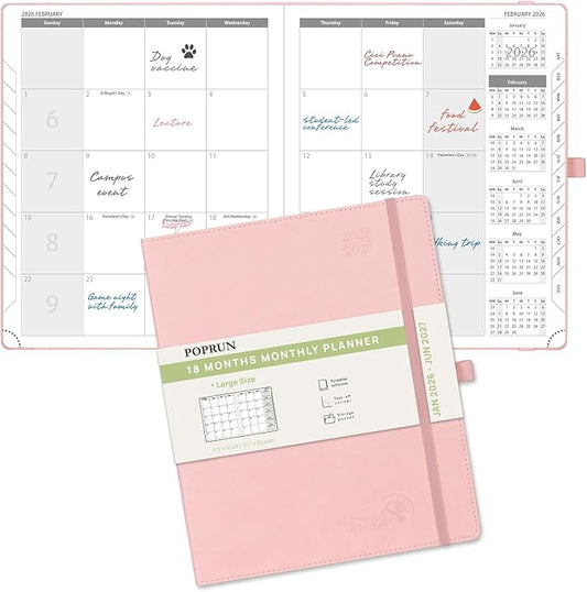 POPRUN Monthly Planner 2026-2027 (Large- 8.5" x 10.5" Soft Cover), 18-Month Calendar Book (Jan.2026 - Jun. 2027), Calendar Planner with Monthly Tabs & Pocket, 100 GSM Paper - Pink