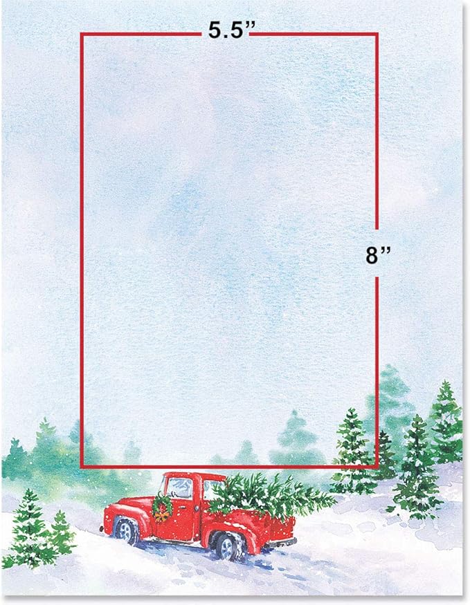 PaperDirect Vintage Holiday Cheer Border Paper, Snowy Hills with Pine Trees and Red Truck Carrying Christmas Tree, 8.5 x 11, Acid-Free, Ideal for Holiday Invitations, Cards, 25 Sheets