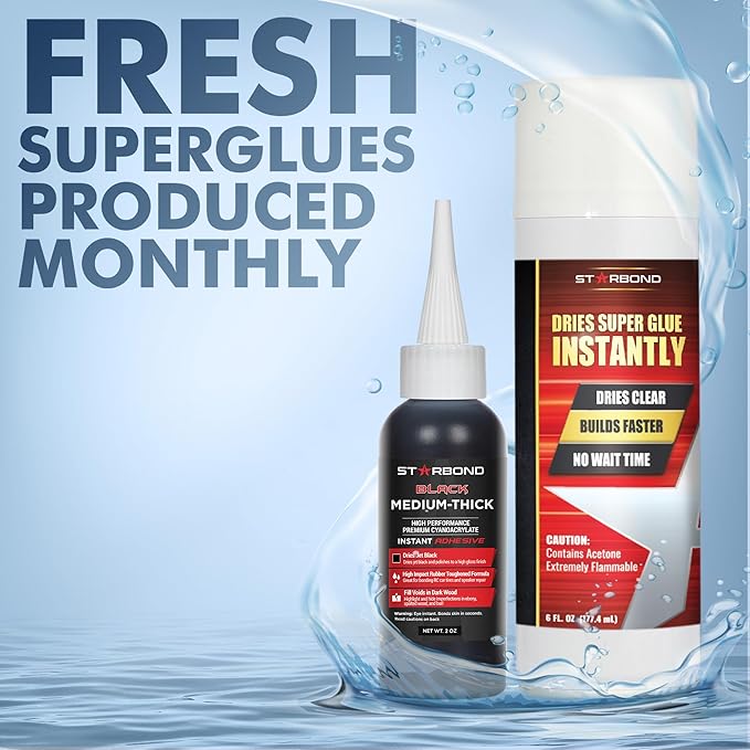 STARBOND 2 oz Black Medium-Thick Premium CA Glue, 6 oz Aerosol Accelerator Bundle, Cyanoacrylate Adhesive Super Glues, for Woodworking, Wood Knots and Voids, Woodturning, Guitar, Hobby