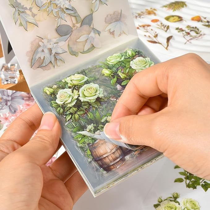 Snycler Scrapbooking Supplies, Vintage Journaling - 25 Sheets PET & 25 Sheets Paper Stickers, DIY Craft Stickers for Junk Journals, Ephemera Sticker Book, Green Leaf Themes, Pre-Cut Designs