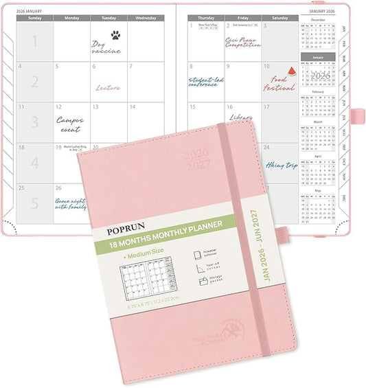 POPRUN Monthly Planner 2026-2027 (Medium- 6.5'' x 8.5'' Soft Cover), 18-Month Calendar Book (Jan.2026 - Jun. 2027), Calendar Planner with Monthly Tabs & Pocket, 100 GSM Paper - Pink