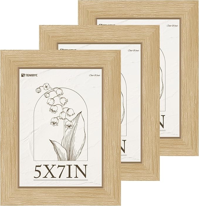 5x7 Picture Frame Set of 3 - Light Wood, Natural Oak Wood Photo Frame with HD Tempered Glass, Tabletop Display