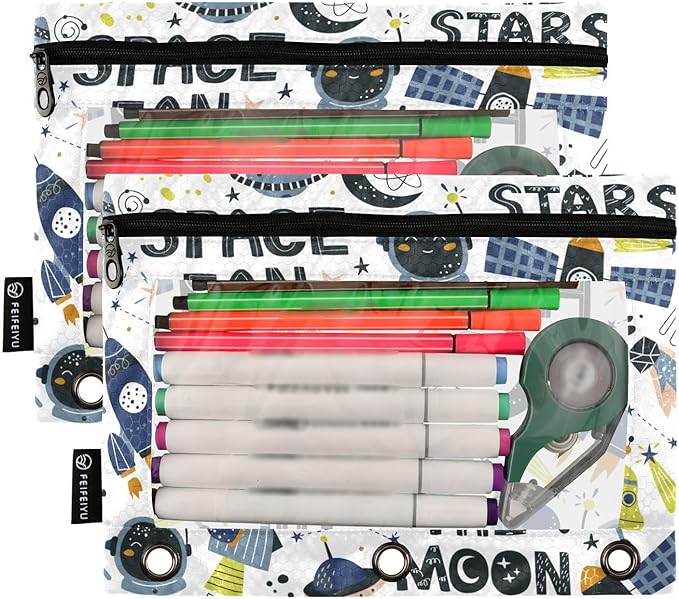 ZAZYXTJ Space Binder Pencil Pouchs 3 Ring with Zipper Clear Window Office Organizers bag for School Students Teacher Supplies 2 Pack