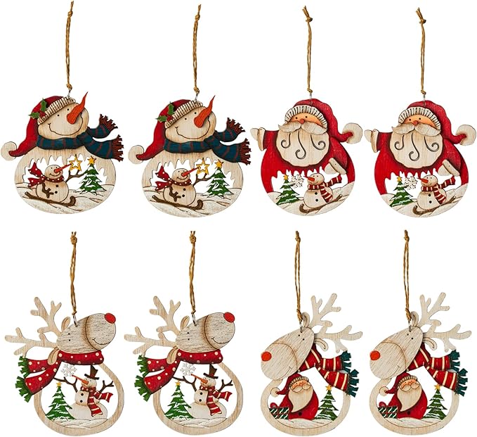 Christmas Ornaments Set 8-Pack, Retro Xmas Tree Hanging Ornaments, Wooden Santa Snowman Xmas Reideer Ornaments for Tree Holiday Decorations, Outdoor Holiday Home Decorations