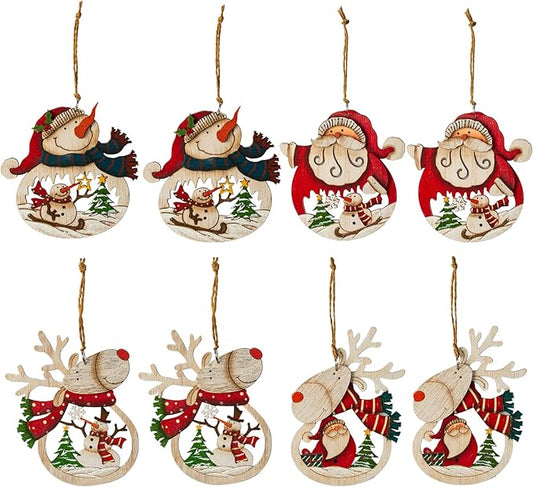 Christmas Ornaments Set 8-Pack, Retro Xmas Tree Hanging Ornaments, Wooden Santa Snowman Xmas Reideer Ornaments for Tree Holiday Decorations, Outdoor Holiday Home Decorations