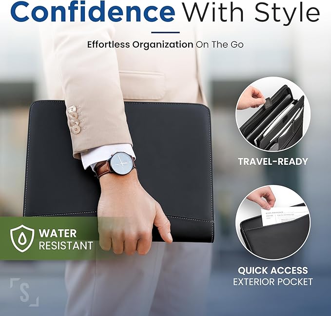 STYLIO Zipper Padfolio Portfolio Binder Organizer | Faux Leather Portfolio for Resume, Documents, Phone, Tablet, Business Supplies and Cards | Notebook Organizer with Letter Sized Notepad Included