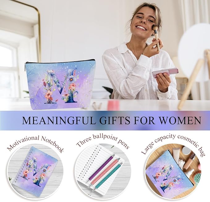 Personalized Gifts Monogrammed Birthday Gifts for Women, Her, Teacher Mother in Law Wedding Christmas Initial 20 oz Tumbler, Makeup Bag Cup Pens Journal Notebook 6 Set, (Aesthetic Purple Flower M)