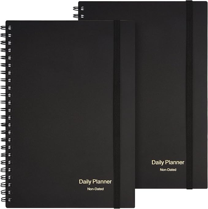 Daily Planner Undated, Asten to Do List Notebook Hourly Schedules Spiral Appointment Planner for Men and Women,PVC Hardcover,Elastic Closure, Inner Pocket 8.3" x 5.8" (Black, 2 Pack)
