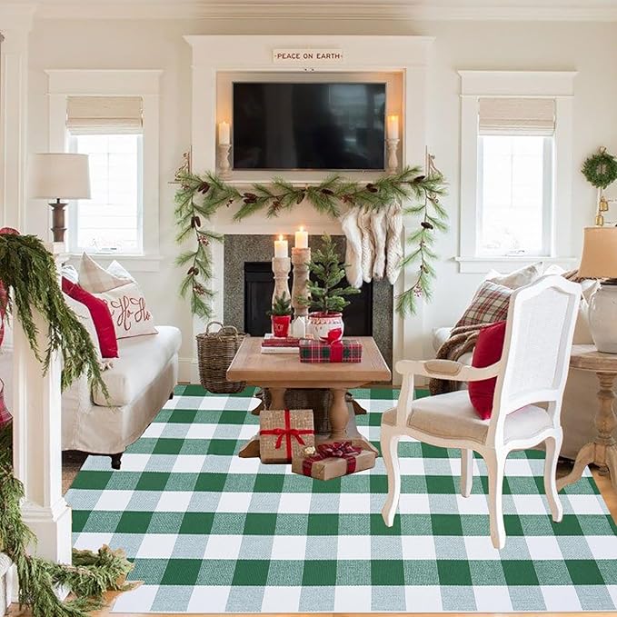 Green & White Christmas Plaid Rug, 4' x 6' Check Indoor/Outdoor Area Rug, Hello/Welcome Door Mat Layering Rug, Machine Washable Cotton Woven Rugs for Farmhouse Front Porch, Entryway