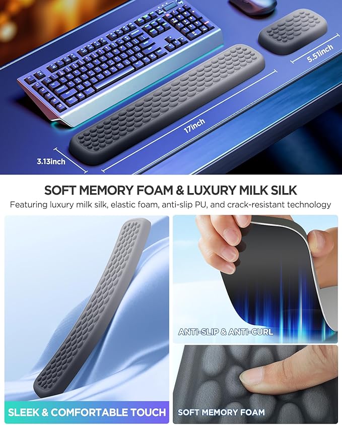 Lekvey Ergonomic Keyboard Wrist Rest, Silky Memory Foam with Massage Points Carpal Tunnel Support Wrist Pad Set for Office/Gaming, Typing Pain Relief, Gray-Black Gradient