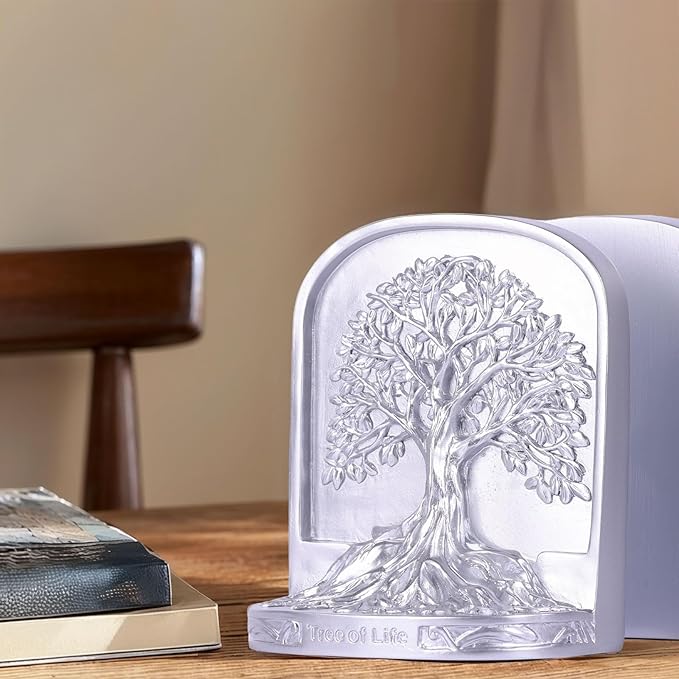 Silver Tree of Life Bookends Set, 2 Decorative Bookends for Shelves or Bookcase, Non-Skid Heavy Bookends for Desktop Shelf Decor, Library Office Decor, Home Décor Gift