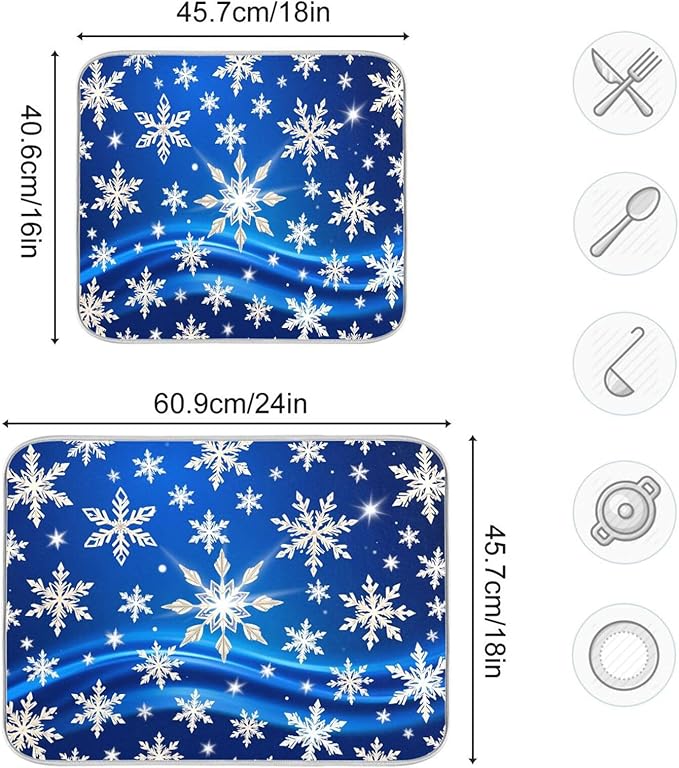 Christmas Blue Snowflakes Dish Drying Mat for Kitchen Counter 16 x 18 Snow Flakes Microfiber Dry Dishes Mats Drainer Mat Dish Drying Pad for Countertops