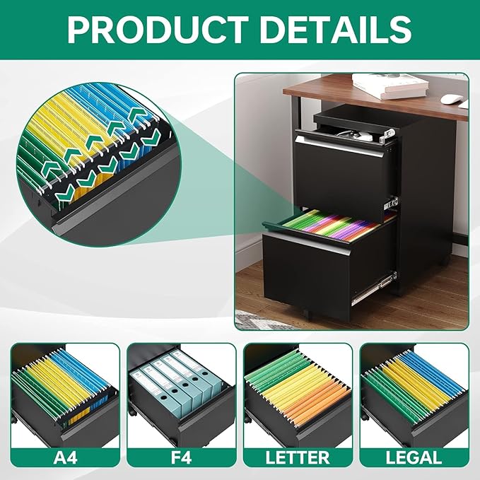 Letaya 2 Drawer Mobile File Cabinet with Lock, Under Desk Metal Rolling Filing Cabinets for Home Office Organizer Letters/Legal/A4 (Black- Requires Installation)