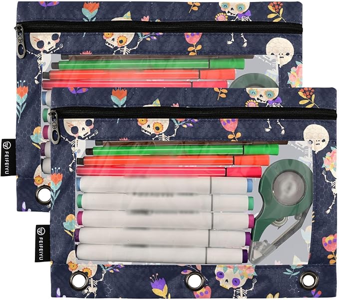 ZAZYXTJ Skull Binder Pencil Pouchs 3 Ring with Zipper Clear Window Office Organizers bag for School Students Teacher Supplies 2 Pack