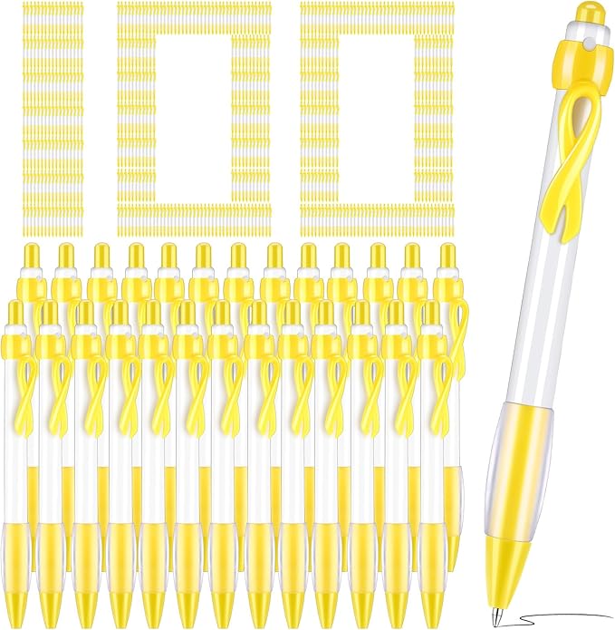 Yexiya 100 Pcs Childhood Cancer Awareness Ribbon Pen Bulk 1.0 mm Childhood Cancer Awareness Items Yellow Ribbon Retractable Pen for Mental Health Charity Volunteers Activities, Black Ink