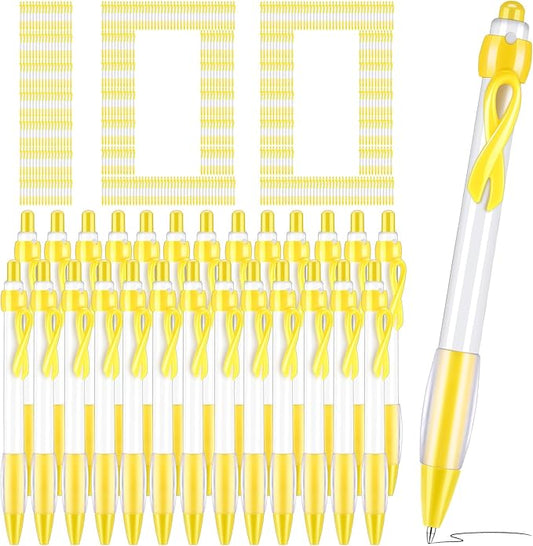 Yexiya 100 Pcs Childhood Cancer Awareness Ribbon Pen Bulk 1.0 mm Childhood Cancer Awareness Items Yellow Ribbon Retractable Pen for Mental Health Charity Volunteers Activities, Black Ink