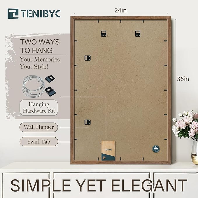 24x36 Poster Frame Set of 3 - Brown Walnut, Natural Solid Wood Picture Frame, Wall Hanging