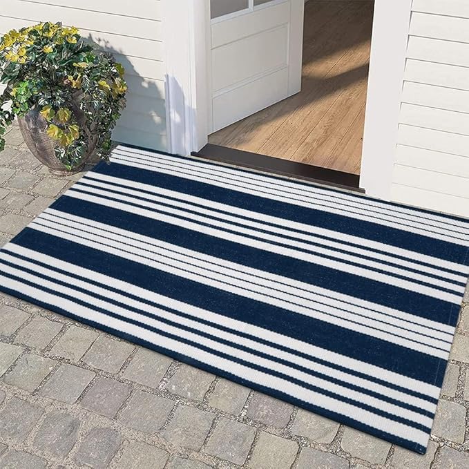 OJIA Entryway Rug 24''x51'', Machine Washable Christmas Front Door Mat Cotton Woven Blue and White Outdoor Rugs Porch Rug Striped Kitchen Runner Indoor Door Mat for Farmhouse/Entry/Home Entrance