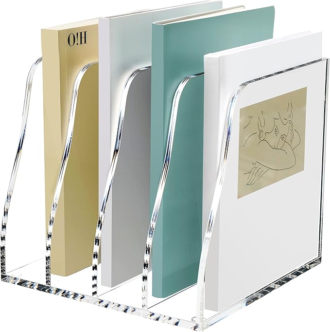 SANRUI Acrylic Desk File Organizer, 4 Vertical Compartments Clear Magazine File Holder Workspace Sorters, Folder Rack for Office Accessories Organization Storage