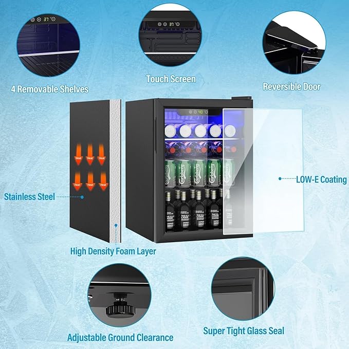 Compact Beverage Refrigerator, 95 Can/2.6 Cubic Feet Fridge with Glass Front Door for Soda, Beer or Wine, Under Counter Small Refrigerator with Adjustable Shelve & Digital Display(Black)