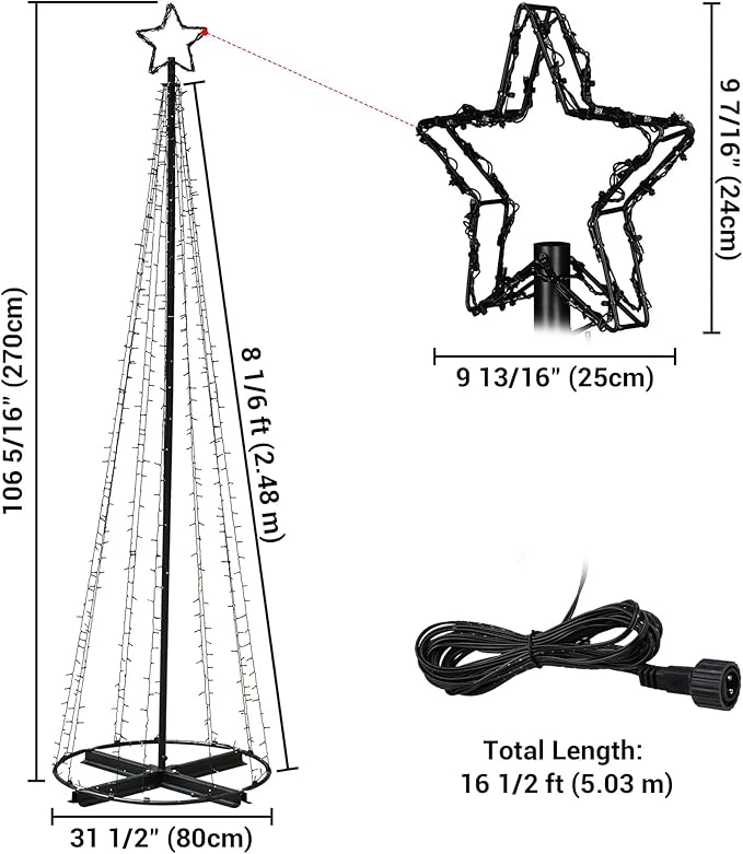Yescom 9' Large 640 LED Christmas Tree Lights Outdoor with Star Top Cone Solar 8 Function Yard Shopping Mall Cafe Restaurant Store Bar Deck Event Holiday Xmas Decoration Multi-Color Vast-Starry
