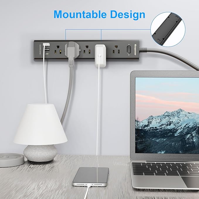 Surge Protector Power Strip 15 ft Cord-5 Widely Spaced Outlets 3 USB Ports(1 USB C Port),Power Strip Long Cord(1250W/10A),Power Strips with Surge Protection, Wall Mount for Home Office,Black(2 Pack)