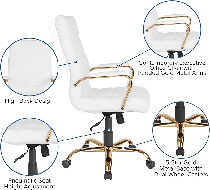 Flash Furniture Whitney Mid-Back Swivel LeatherSoft Desk Chair with Padded Seat and Armrests, Adjustable Height Padded Office Chair, 27"D x 26"W x 43"H, White/Gold