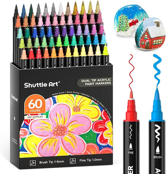 Shuttle Art 60 Colors Dual Tip Acrylic Paint Markers, Brush Tip and Fine Tip Acrylic Paint Pens for Rock Painting, Ceramic, Wood, Canvas, Plastic, Glass, Stone, Calligraphy, Card Making, DIY Crafts