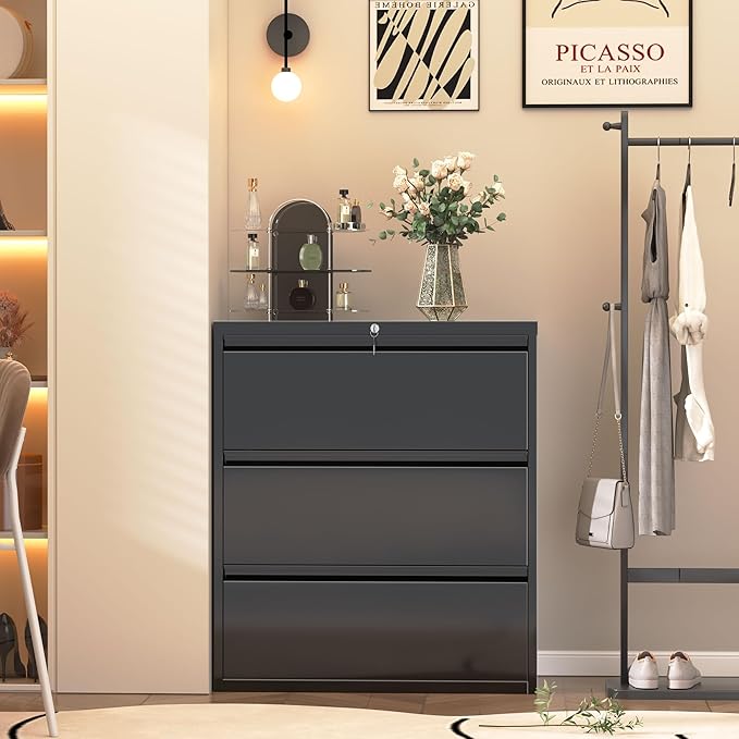 Superday Lateral File Cabinet 3 Drawer Metal File Cabinet with Lock, Black Filing Cabinets for Home Office, Locking Filing Cabinets Hanging Files Letter/Legal/F4/A4