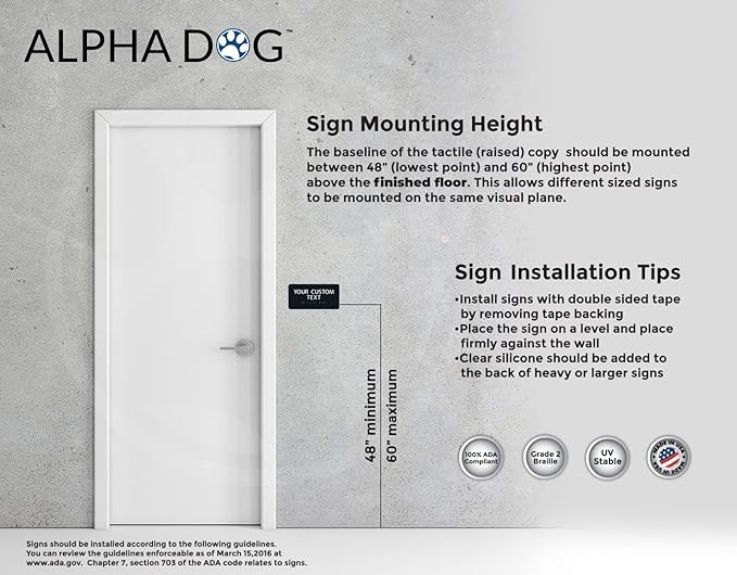 ALPHA DOG ADA SIGNS Custom ADA Compliant Braille Sign, 4"x8" Room Identification Plaque, Tactile Text, Raised Letters, Personalized 2-Line, Indoor/Outdoor, USA-Made (Black)