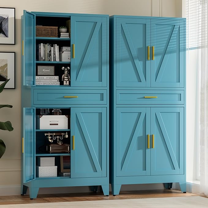 71" Tall Metal Storage Cabinet with Adjustable Shelves,Farmhouse Kitchen Pantry Cabinet with 2 Barn Doors and Drawer,Large Storage Cabinets for Dining Room,Bathroom,Living Room(Blue)