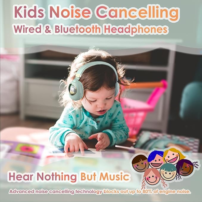 Girls Green Gaming Headset with Microphone - Wired & Wireless Noise Cancelling Over Ear Headphones for Kids & School - Bluetooth Earbuds