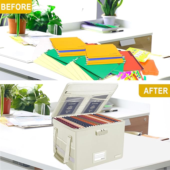 ENGPOW File Box with Lock,Fireproof Document Box with Zipper Lid,Collapsible File Storage Organizer Filing Cabinet with Handles,Portable Home Office Safe for Hanging Letter/Legal Folders,Beige,2 Pack