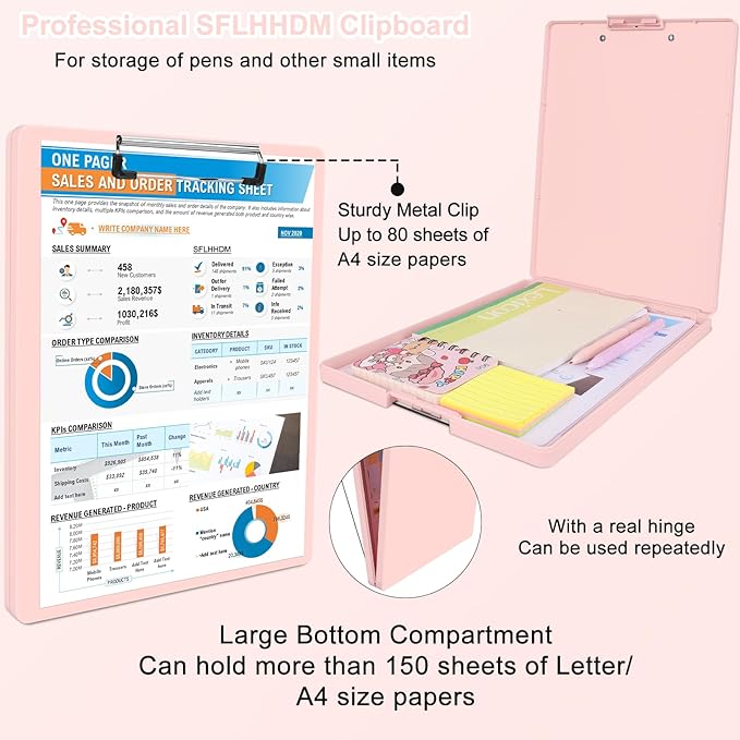 Clipboard with Storage,Three-Tier Box Clipboards(Letter Size),Storage Clipboard with Clip Form Holder Clipboards,Dry Erase Clip Boards 8.5x11 with Storage for Office School Supplies Clip Board-Pink