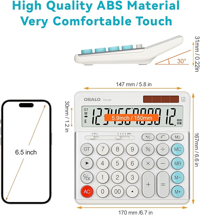 OSALO Desktop Calculator Extra Large Display 12-Digit Big Buttons Accounting Calculators Battery & Solar for Office Business (FQ-450 Extra Large)