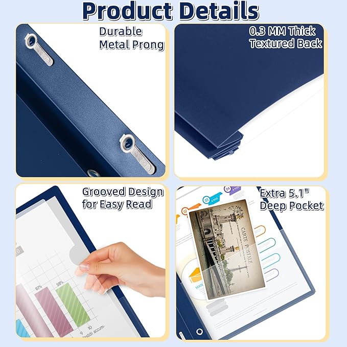 HAUTOCO 12 Pack Plastic Report Covers with 3-Prong Fasteners Clear Front Resume Portfolio Folder for 8.5x11 Letter Size Paper, Presentation Document Report Folders for Office School Use, Navy Blue