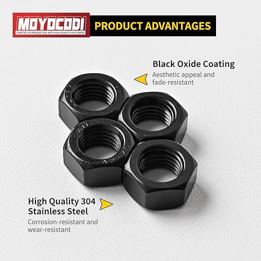 #8-32 (100 Pack) Hex Head Nuts, Black Oxide 304 Stainless Steel 18-8 Hexagon Nuts, Hex Drive, Standard Inch Coarse Thread