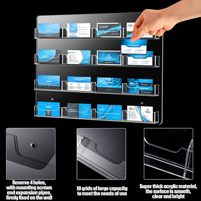 Hillban Acrylic Business Card Holder Wall Mount Clear Sticker Display Rack Multiple Card Holders Clear Acrylic Organizing Sticker Display Stand Pre Drilled(16 Pockets)