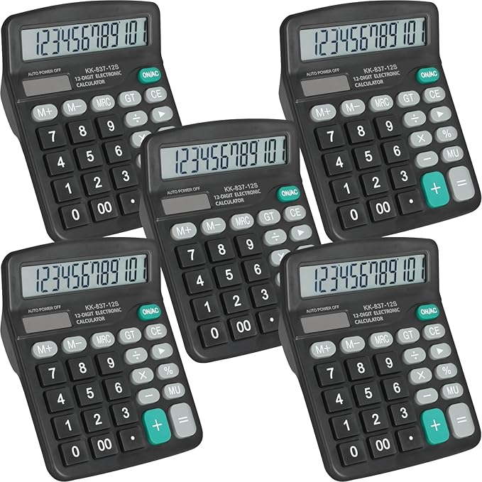 5 Pack Calculator Bulk, 12 Digits Calculators Desktop with Large LCD Display and Sensitive Butto, Solar and Battery Dual Power, Desk Calculator for Office, School, Home