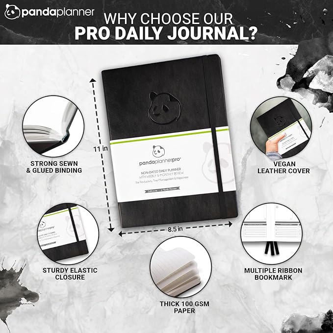 Panda Planner Pro A4 Daily Planner 2026 – 6 Month Large 8.5x11 Undated Academic & Productivity Planner with Daily, Weekly & Monthly Calendar, Work Planner, Goal Tracker, Habit Tracker & Personal Development Organizer – Black