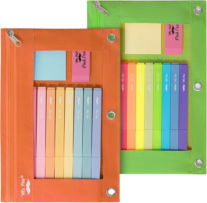 Mr. Pen- 2 Pack Pencil Pouch - Green and Orange Flat Zipper Pouch for 3 Ring Binder