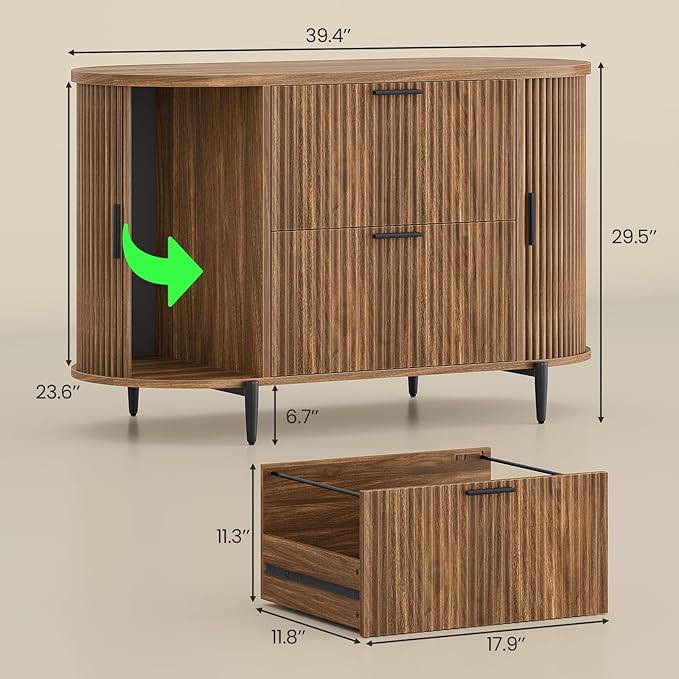 SEDETA 2 Drawer File Cabinet, 39.4" Filing Cabinet for Home Office, fit Legal/Letter/A4 Size, Light Luxury Fluted Filing Cabinets with 2 Sliding Door Storage, Printer Stand, Brown